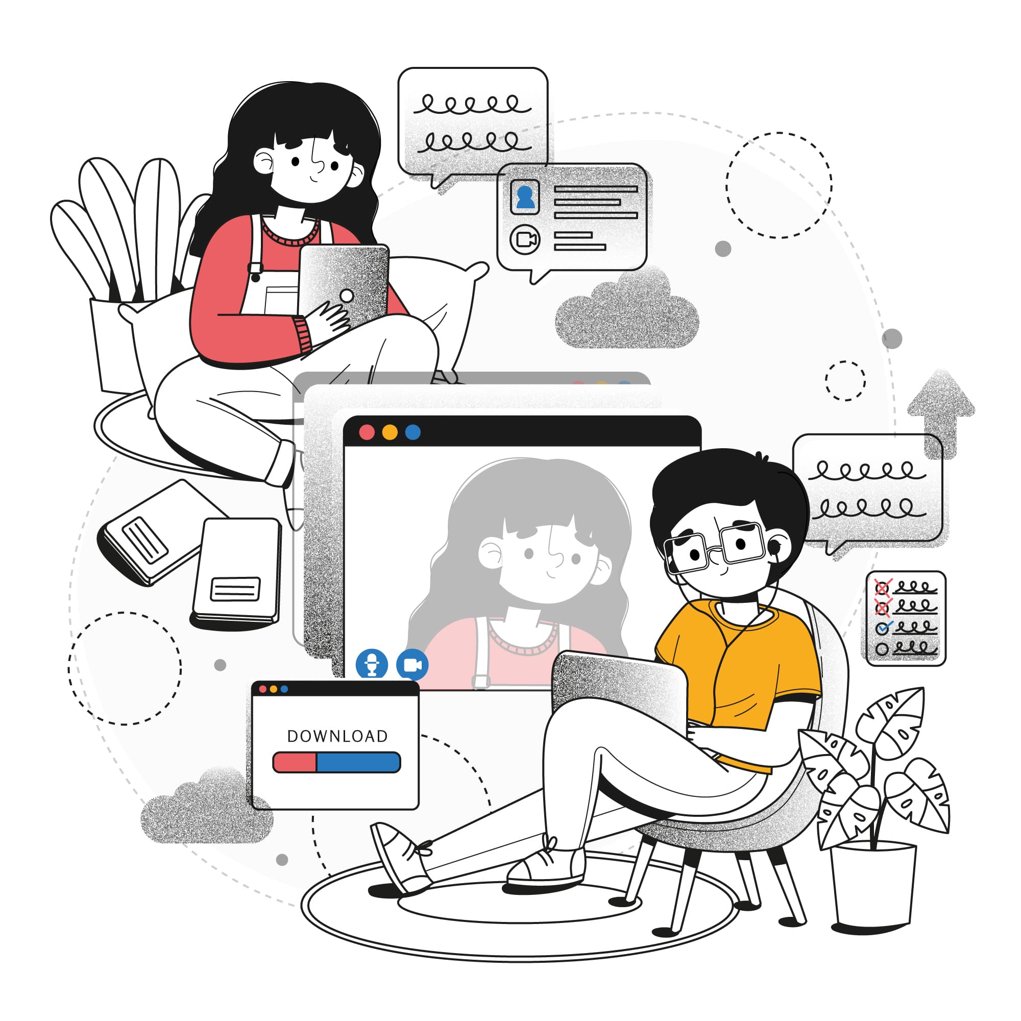 Video call interview scene showing two people in a remote meeting with browser windows, speech bubbles, and office elements